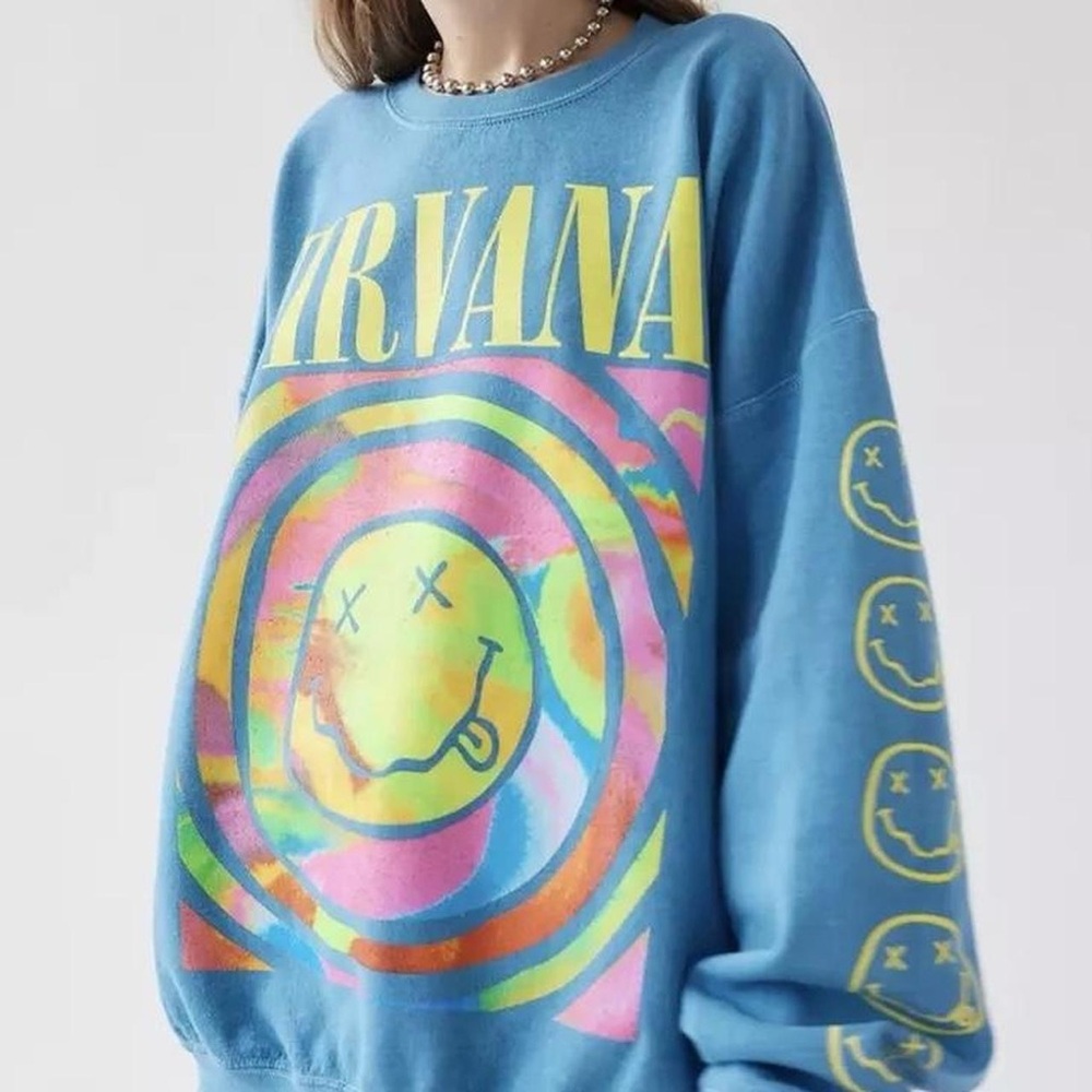 Urban Outfitters Blue Nirvana Smiley Face Crew Neck